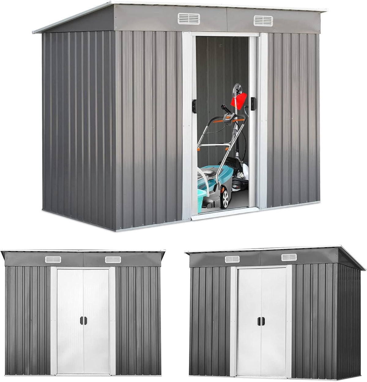 Gerätehaus RELAX4LIFE, 238 x 131 x 181 cm, 4 L, Grau, aus Metall, Wasserfestes Gartenhaus mit Pultdach, Gartenschuppen Outdoor