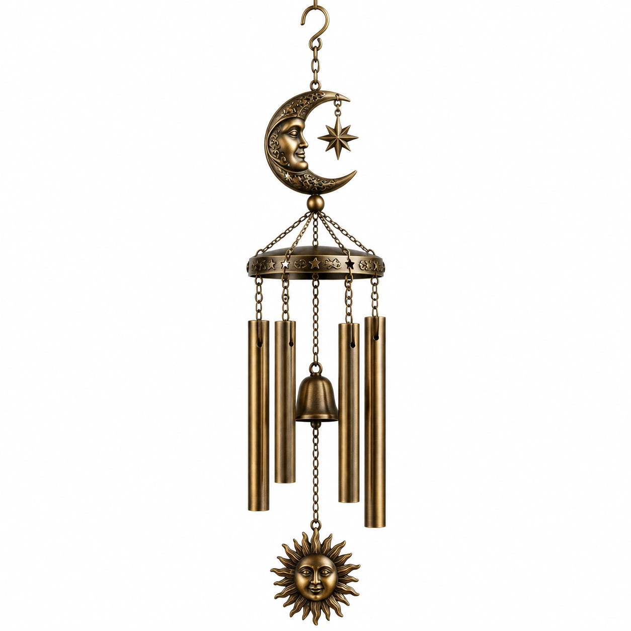 Windspiel 70 cm aus Metall in Antikbronze mit Mond Sonne und Klangröhren