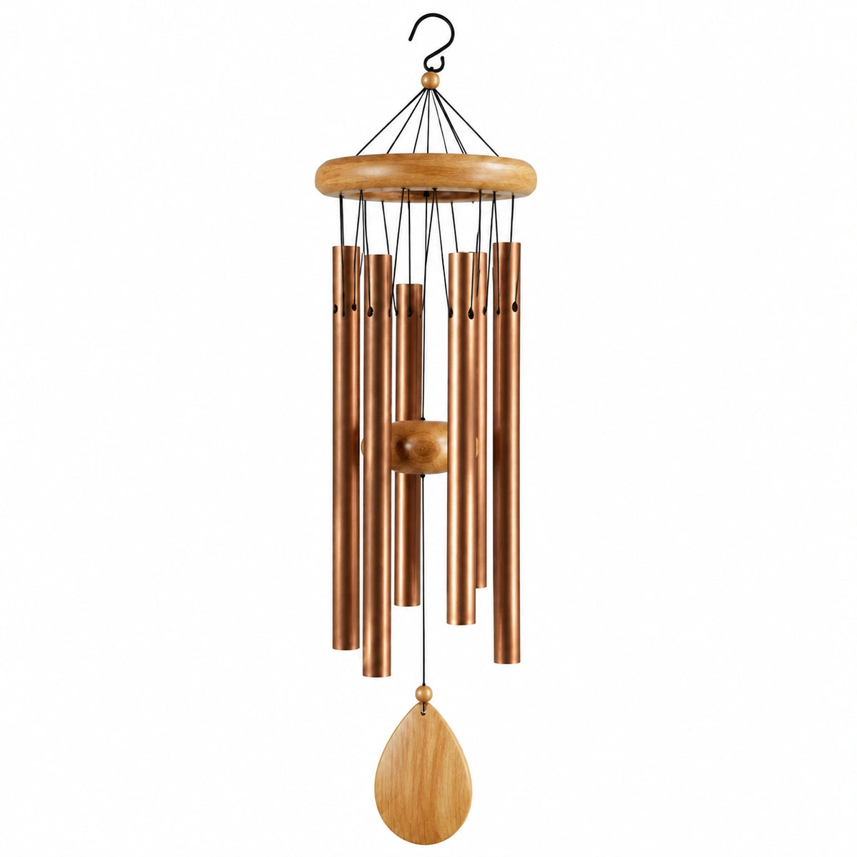 Windspiel 90 cm aus Metall und Holz in Kupfer Natur für Garten mit hängendem Klangspiel
