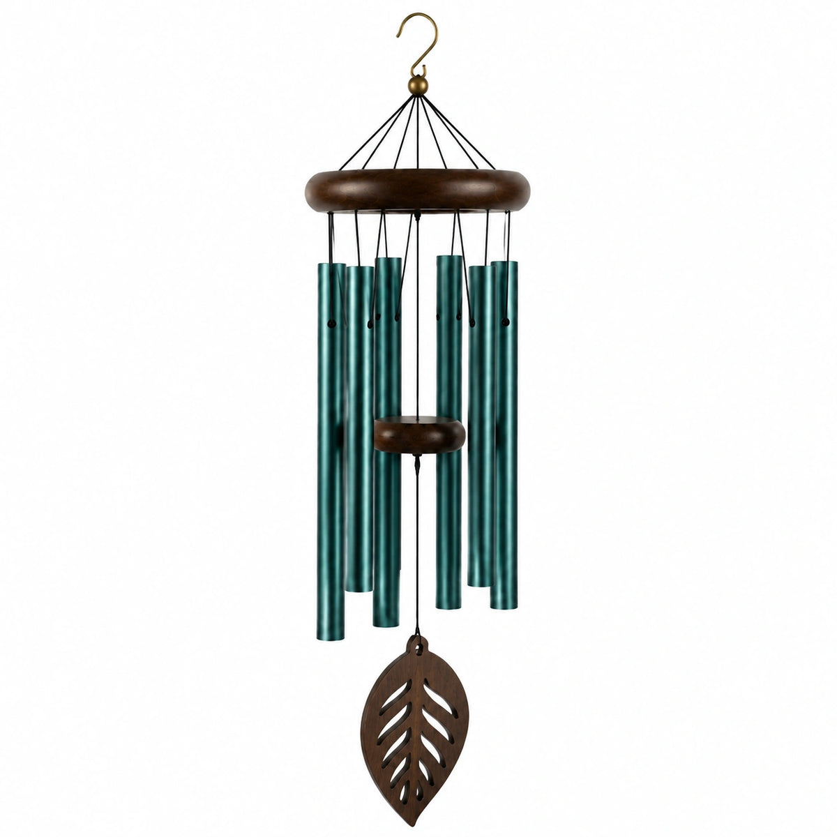 Windspiel 30 x 85 cm aus Metall und Holz in Türkis Braun für Innen und Außen mit Blattanhänger