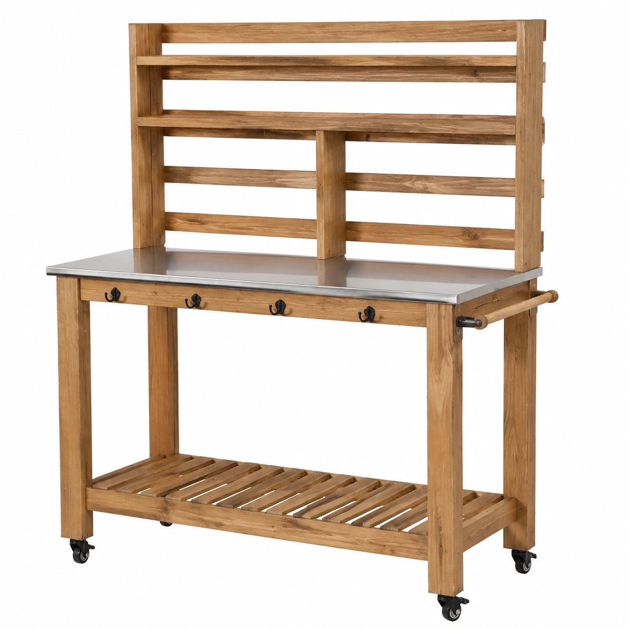 Gartenarbeitstisch 120 x 60 x 180 cm Holz Edelstahl Braun rollbar mit Ablage
