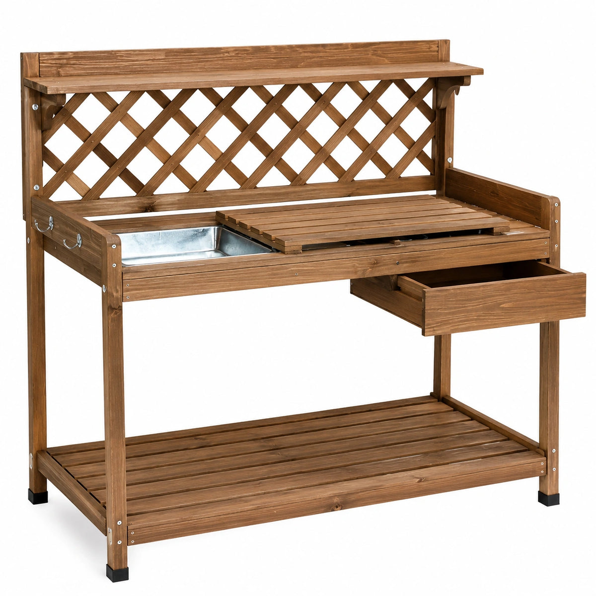 Gartenarbeitstisch 110 x 50 x 140 cm aus Holz Braun mit Ablage und Schublade