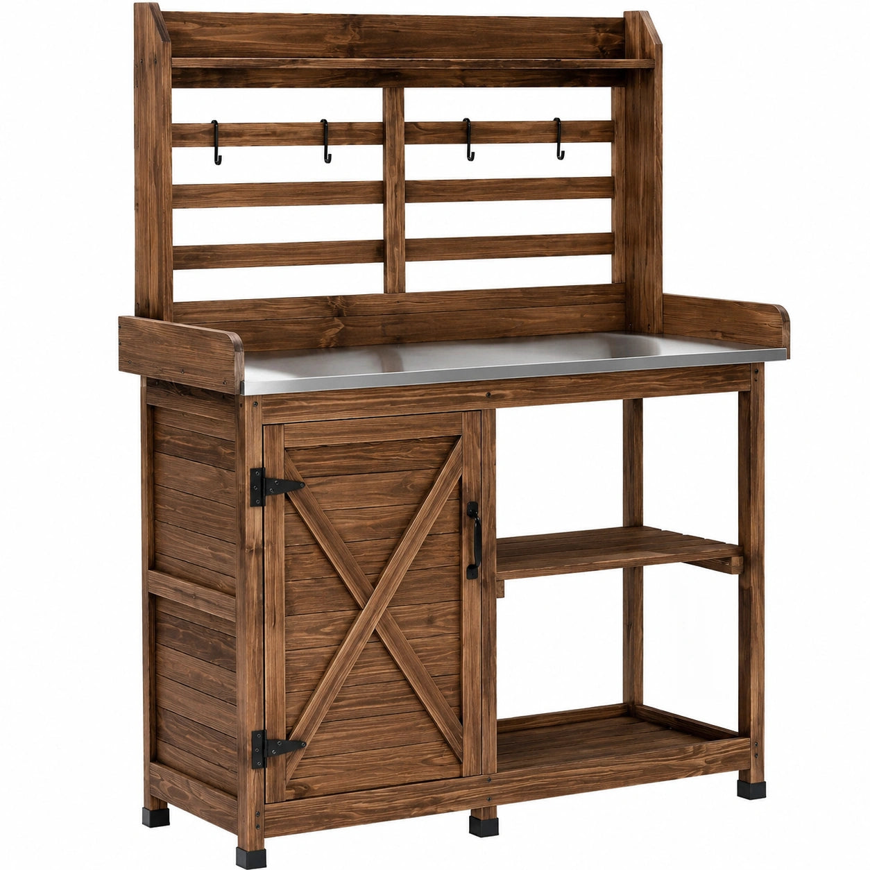 Gartenarbeitstisch 120 x 60 x 190 cm aus Holz Braun mit verzinkter Arbeitsfläche und Haken im Landhausstil