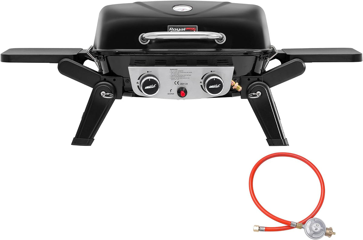 Royal Gourmet Gasgrill, 5 kW, Schwarz, 2-Brenner Tragbarer, Tischgrill mit klappbaren Seitentischen, portabler BBQ Grill für Balkon