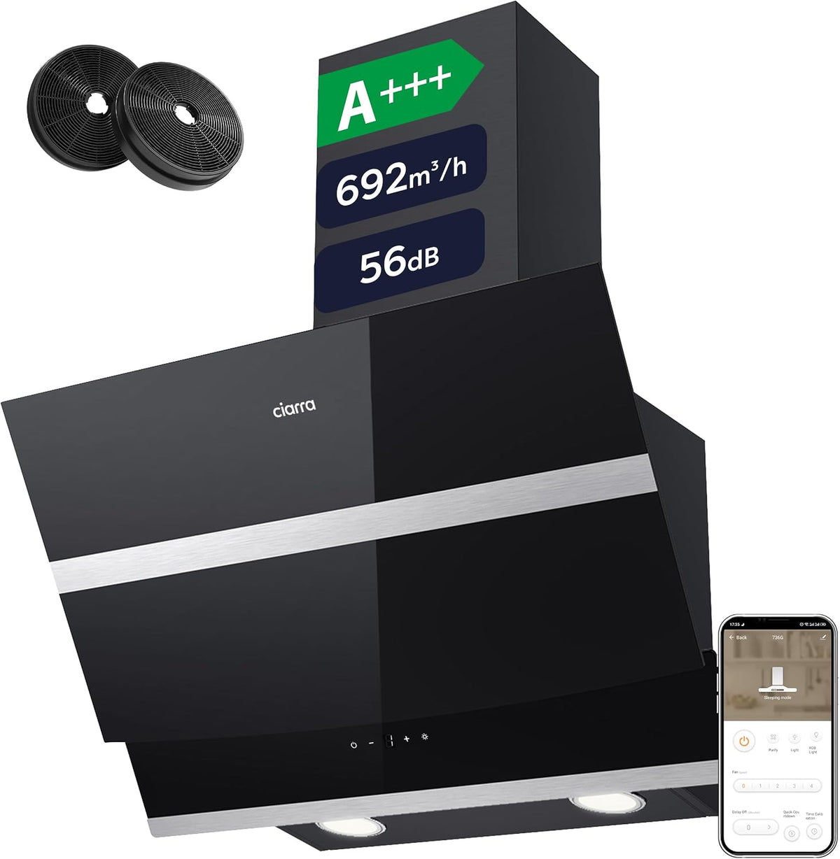 CIARRA Dunstabzugshaube, 60 cm, 692 m, Schwarz/Silber, CBCB6736N A+++ ³/h Nachlaufautomatik