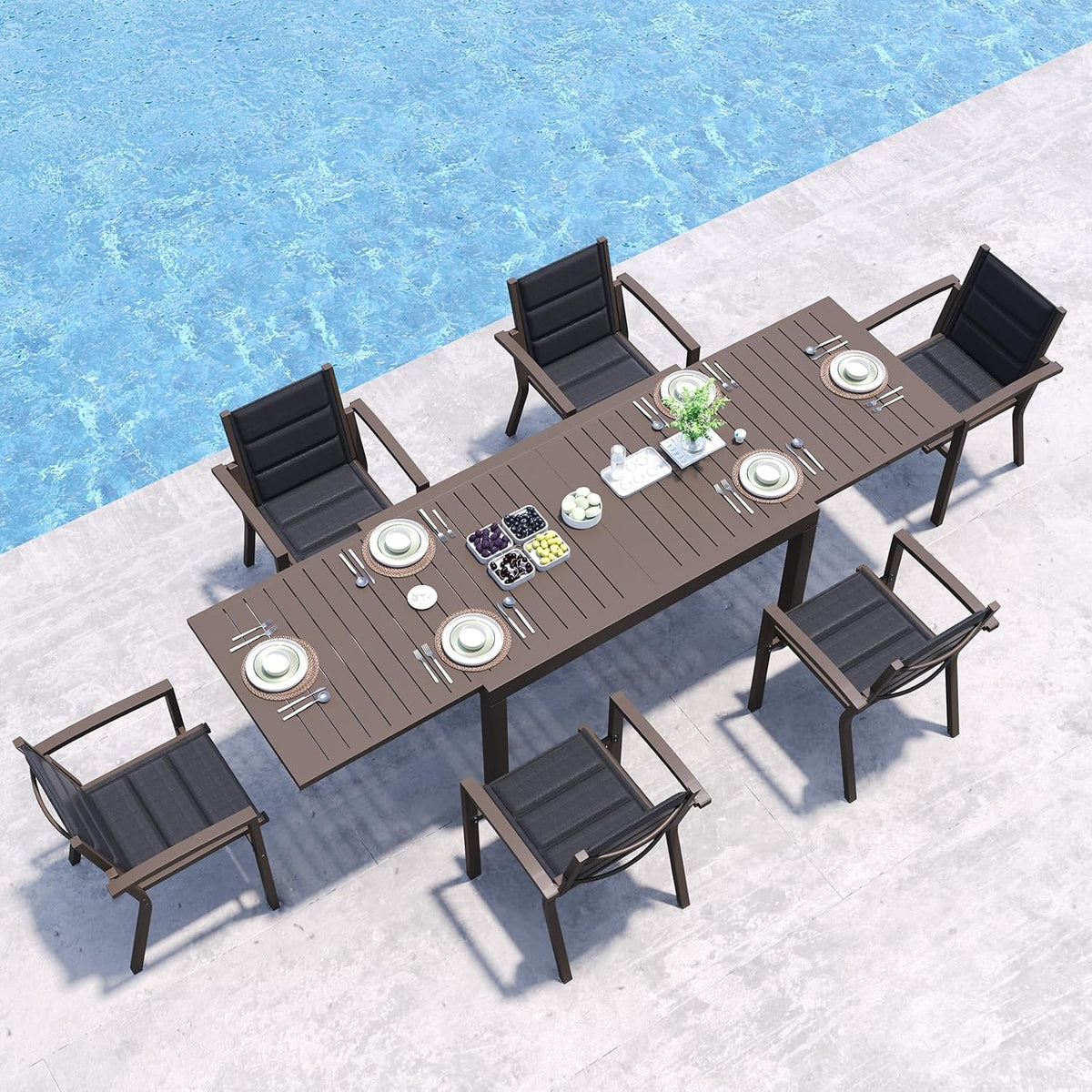 JUMMICO Essgruppe, Braun/Schwarz, Garten Balkon Möbel Set Aluminium Leichtgewicht Stapelbare, 6 Personen Set