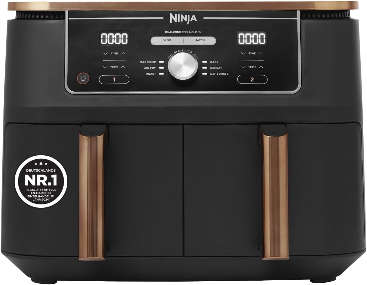 Ninja Heissluftfritteuse, 27 x 41.5 x 32.5 cm, 9,5 L, Kupfer/Schwarz, Foodi MAX Dual Zone Heißluftfritteuse [AF400EUCP] Amazon
