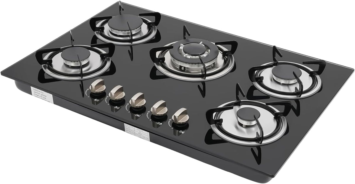 Gaskochfeld Gasherd, 2.75kw, 1.75kw, 3.2kw, 70 mm, Schwarz, 5 Flammig 770 * 510 *, - -1kw- 脳2, glas einbau, thermoelementschutz