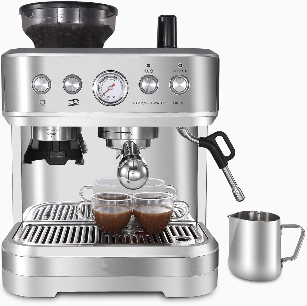 Acekool Kaffeemaschine, 2.3 L, Silber, Espressomaschine, Wassertank 15-Bar-Extraktionsdruck, Espresso Siebträgermaschine mit integriertem Mahlwerk