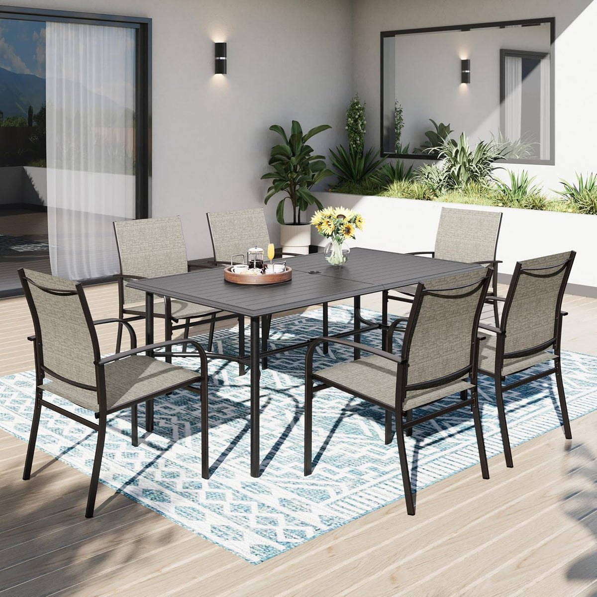 PHI VILLA Essgruppe, Braun/Schwarz, Gartentisch mit Stühlen Garten Sitzgruppe mit 6 x Braune, Deck, Bistro