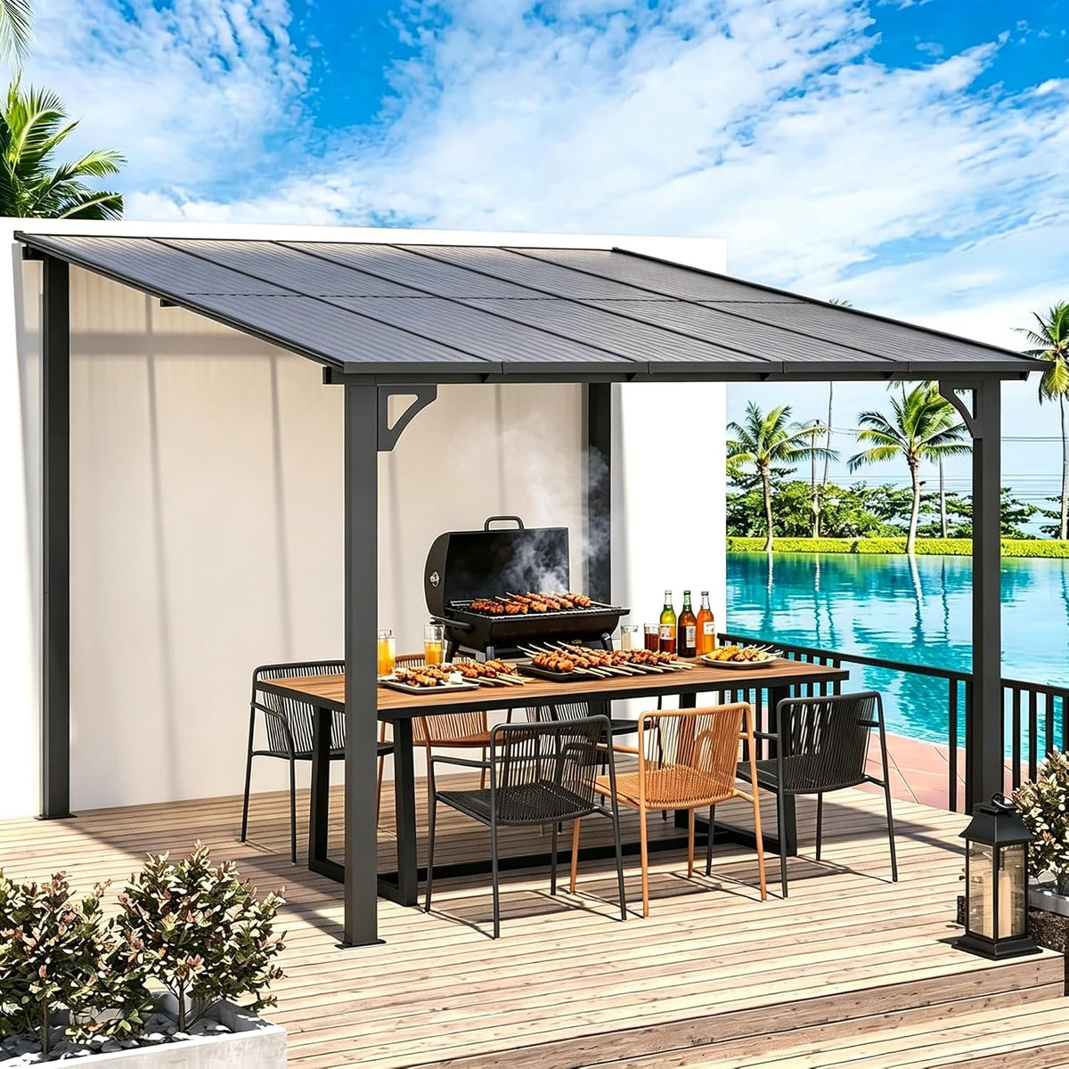 UNIONLINE Pavillon, Schwarz, 3x3m Terrassenüberdachung, Pergola mit Hardtop
