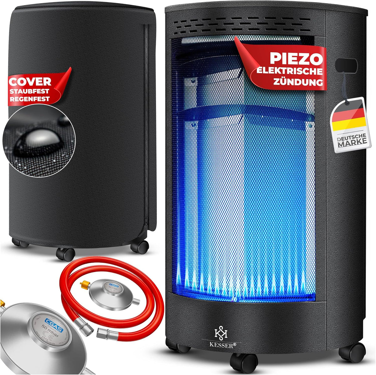 KESSER Heizstrahler, Schwarz, Gasheizer Keramik 4200 Watt Gas inkl. Gasdruckregler, Infrarot Keramikbrenner, Butan- oder Propangasflaschen