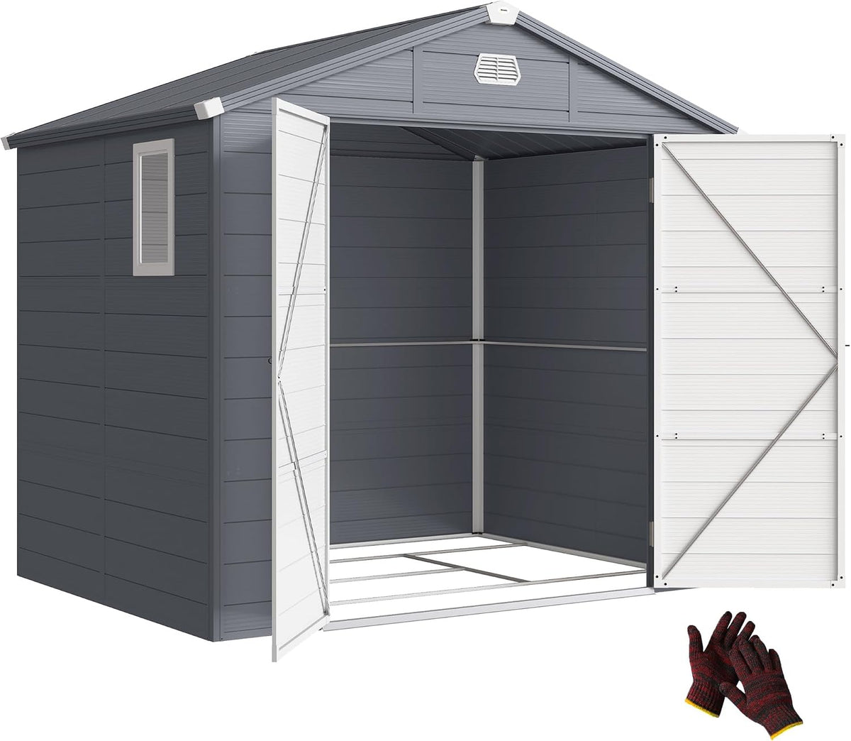 Gerätehaus Outsunny, 240 x 190 x 228 cm, 4,1m, Dunkelgrau/Weiß, Geräteschuppen mit Satteldach, Kunststoff Gartenchuppen mit Abschließbar Tür