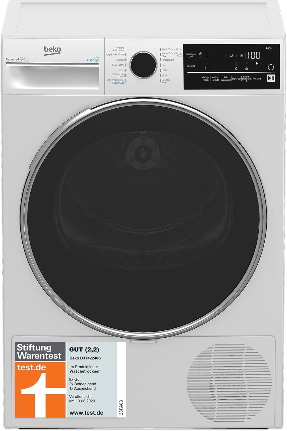 Beko Wärmepumpentrockner, 8 kg, Weiß/Schwarz, B3T42240S b300, allergikergeeignet, Hygiene Trocknen & Hygiene Auffrischen