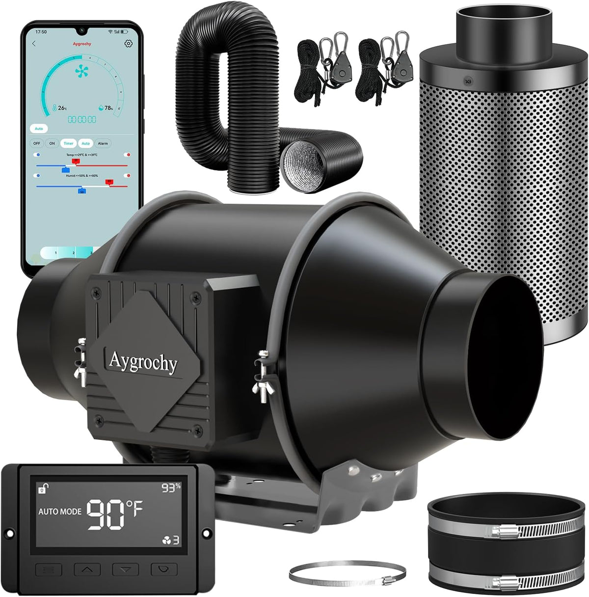 Aygrochy Belüftungsgeräte, 100 mm, Schwarz, Grow Abluft set, grow lüfter set, Rohrventilator app mit Temperatur- und Feuchtigkeitsregler