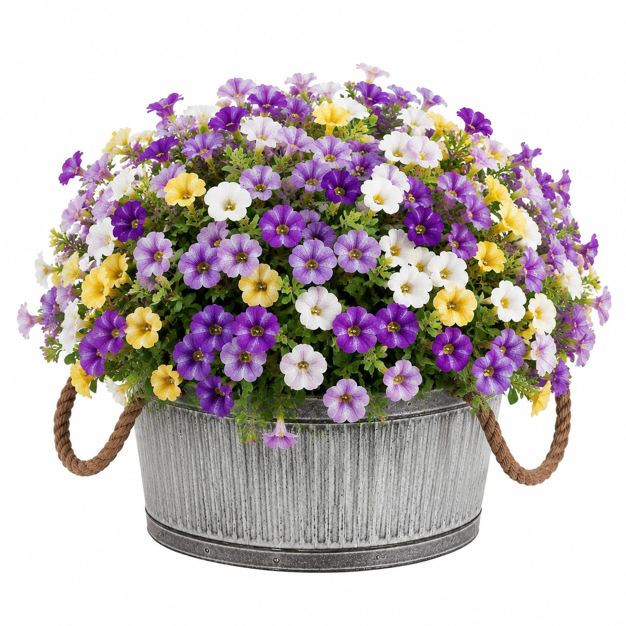 Kunstblumen im Metalltopf 36 cm Violett Weiß Gelb für Innenraum im Landhausstil