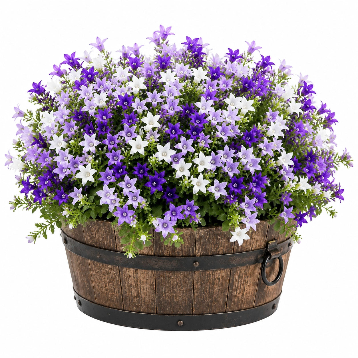 Künstliche Topfpflanze 55 cm mit violetten weißen Blüten im Holzgefäß