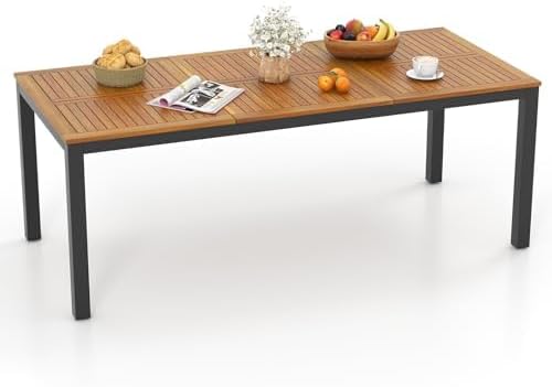 FANTASK Esstisch, 200x90 cm, Natur/Schwarz, Gartentisch mit Schirmloch, großer Terrassentisch für 8 Personen, rechteckiger Balkontisch aus Akazienholz