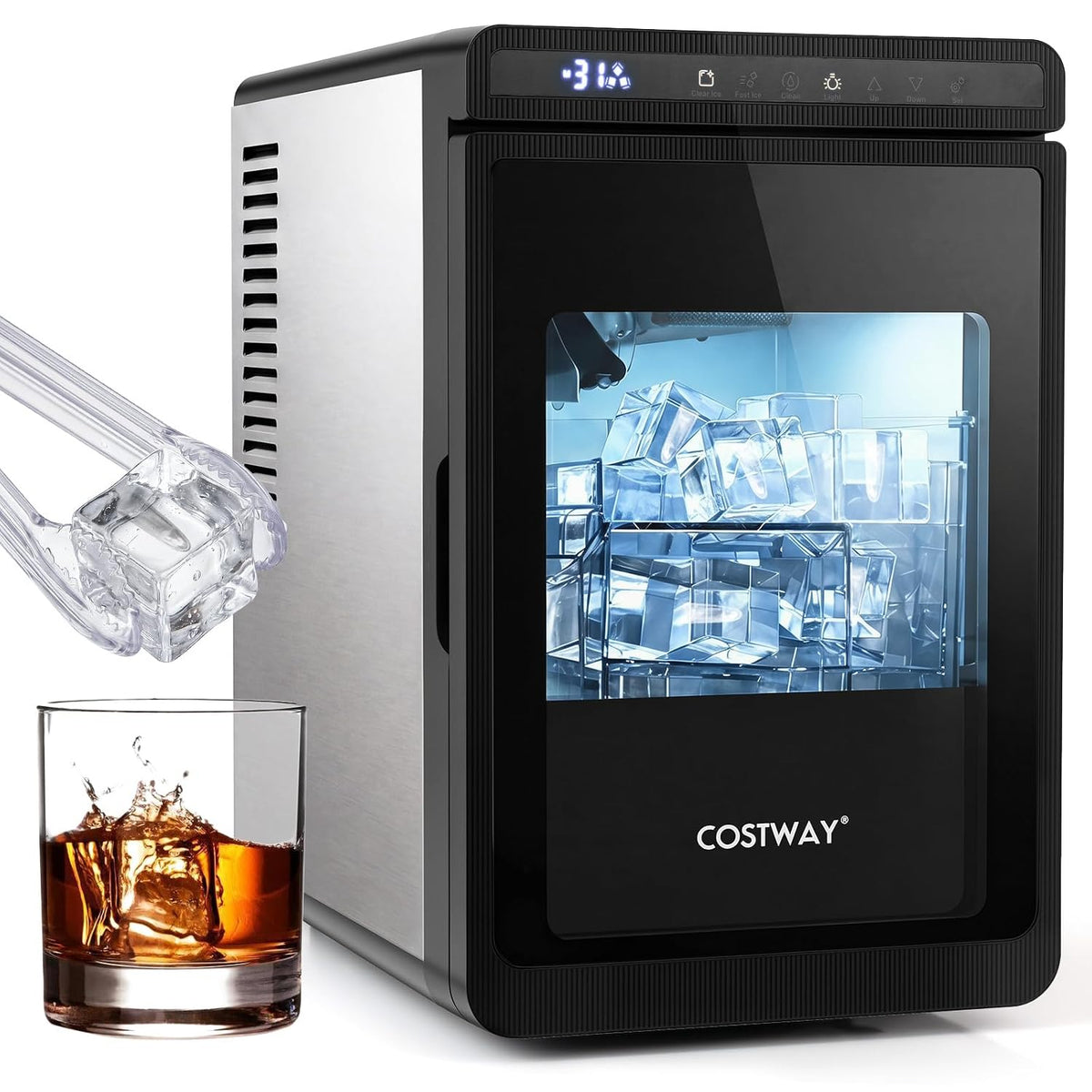 COSTWAY Eismaschine, ABS, Edelstahl, Schwarz, Eiswürfelmaschine, 3 Stück in 20 Minuten