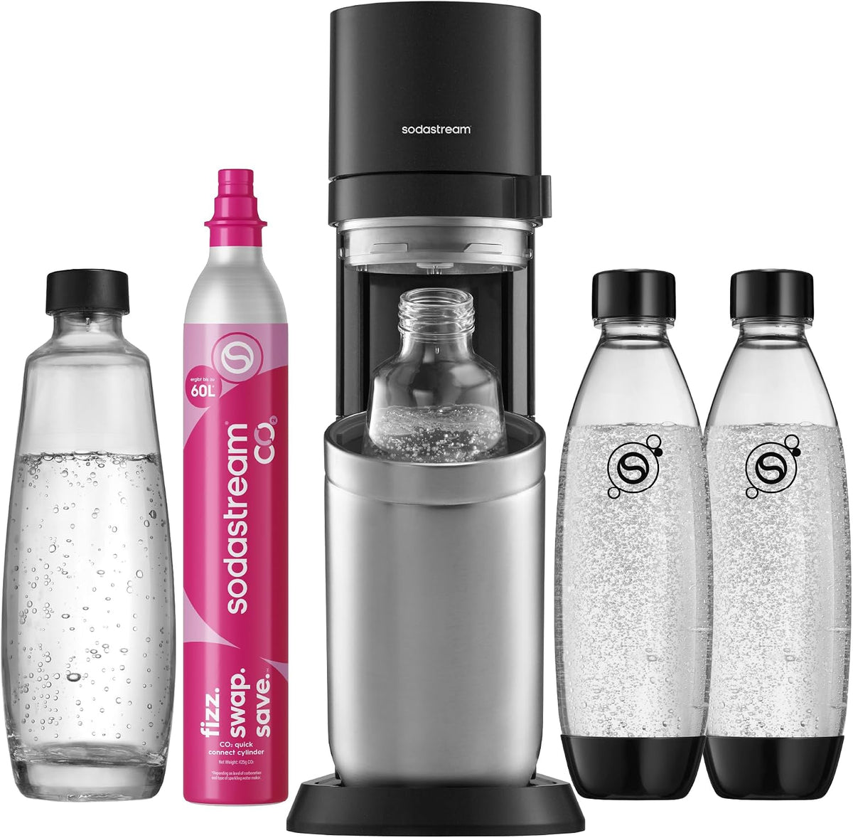 sodastream Wassersprudler, 1 L, Mehrfarbig, DUO - 4x Sprudlerflaschen & CO2-Zylinder
