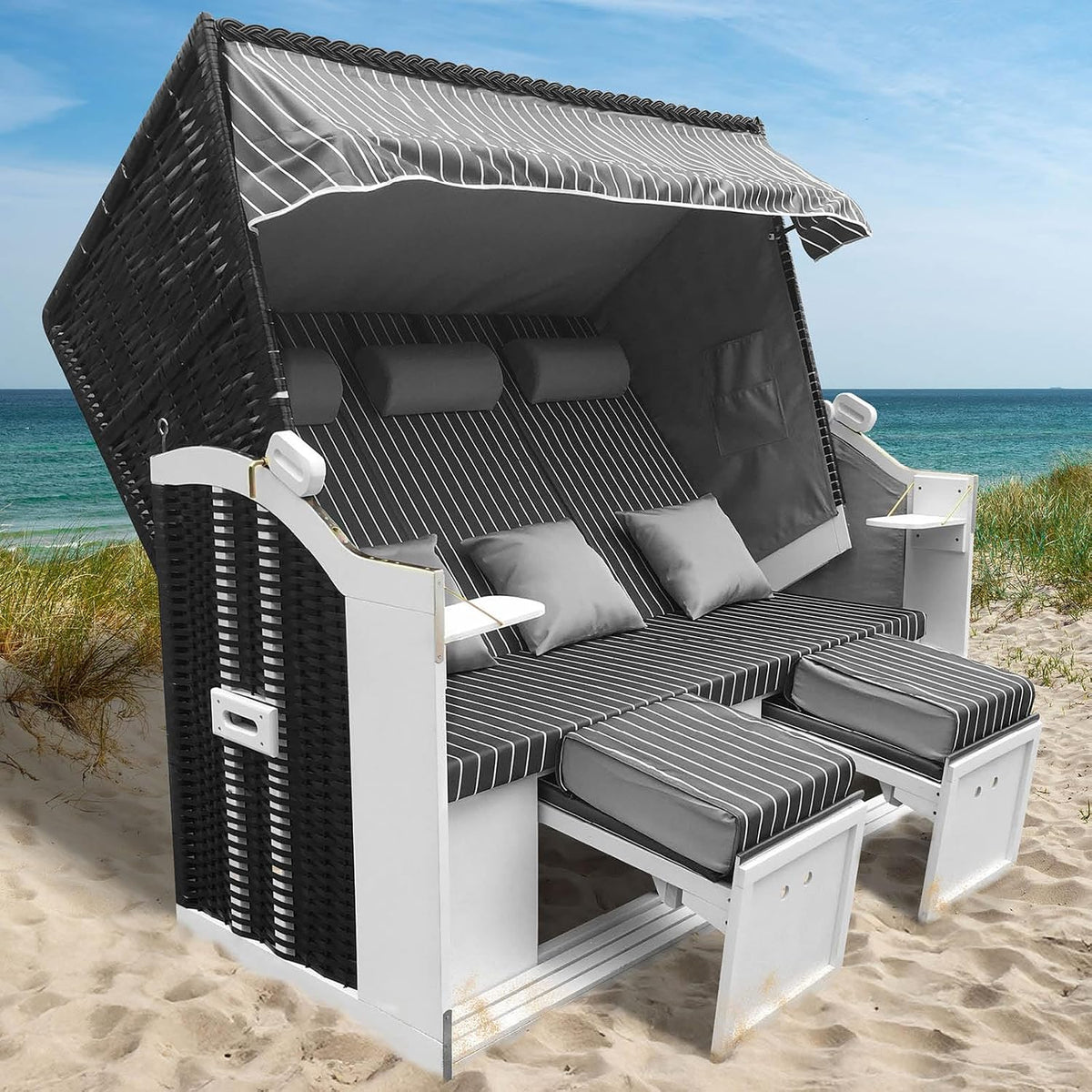 BRAST Strandkorb, 165 cm, Anthrazit/Grau, Usedom 3-Sitzer XXL für 2-3 Personen, breit, 5 Designs, inkl. wetterfeste Abdeckhaube