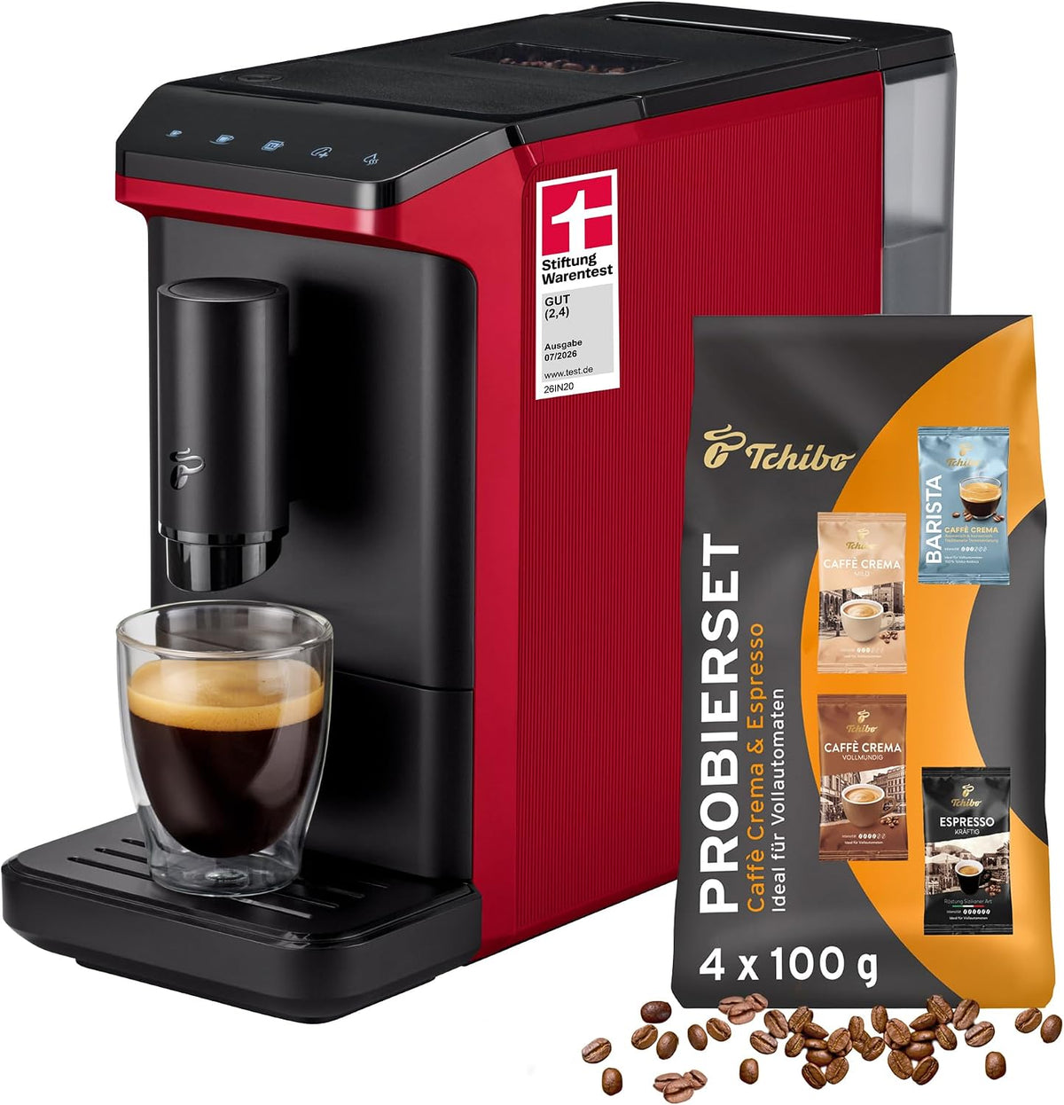 Tchibo Kaffeevollautomat, Rot, Esperto mini, Kaffeeprobierset