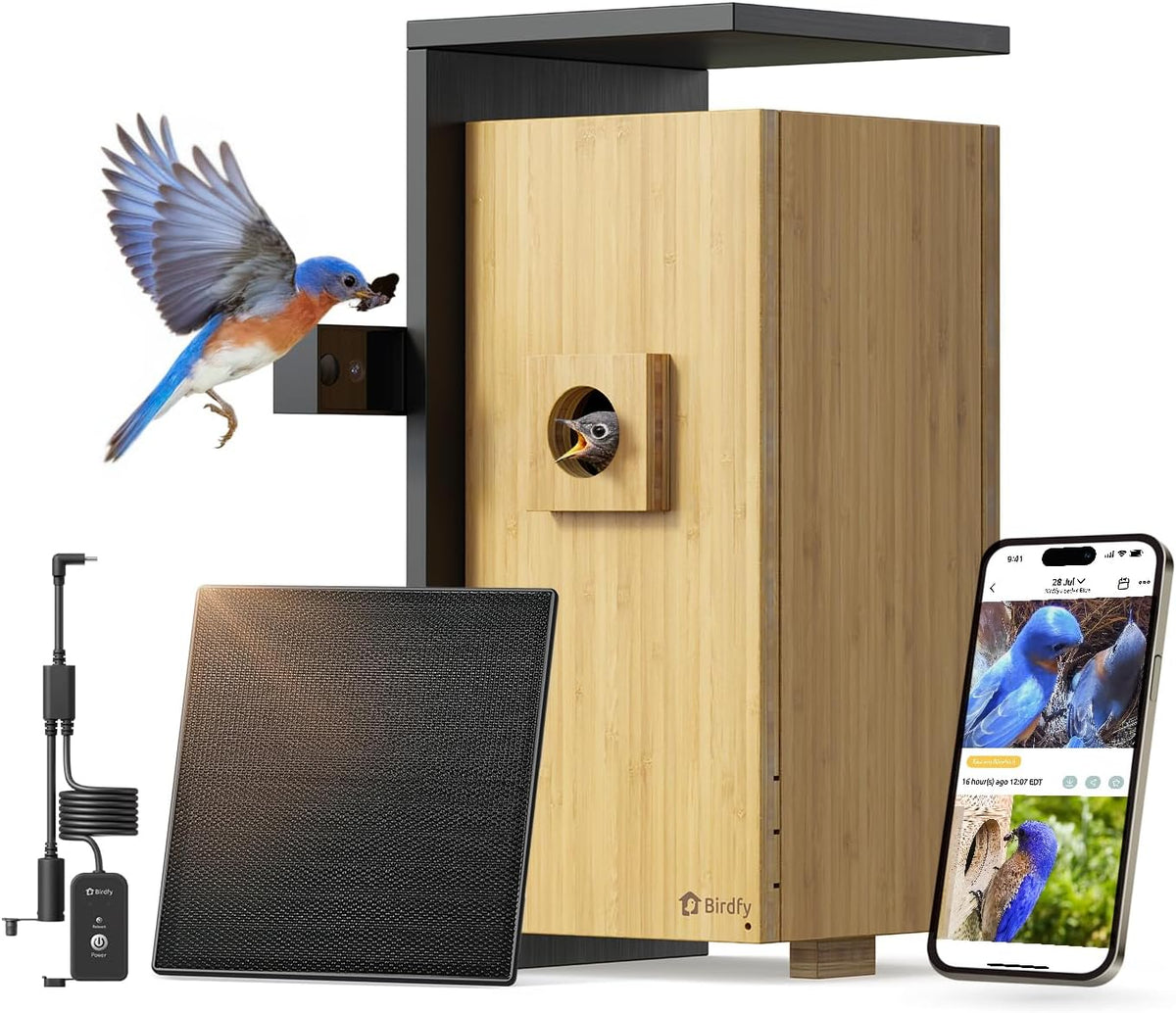 Birdfy Kamera, Holz/Schwarz, Smart Vogelhaus mit Doppel für Live Vogelbeobachtung, 1080P Bambus Nistkasten