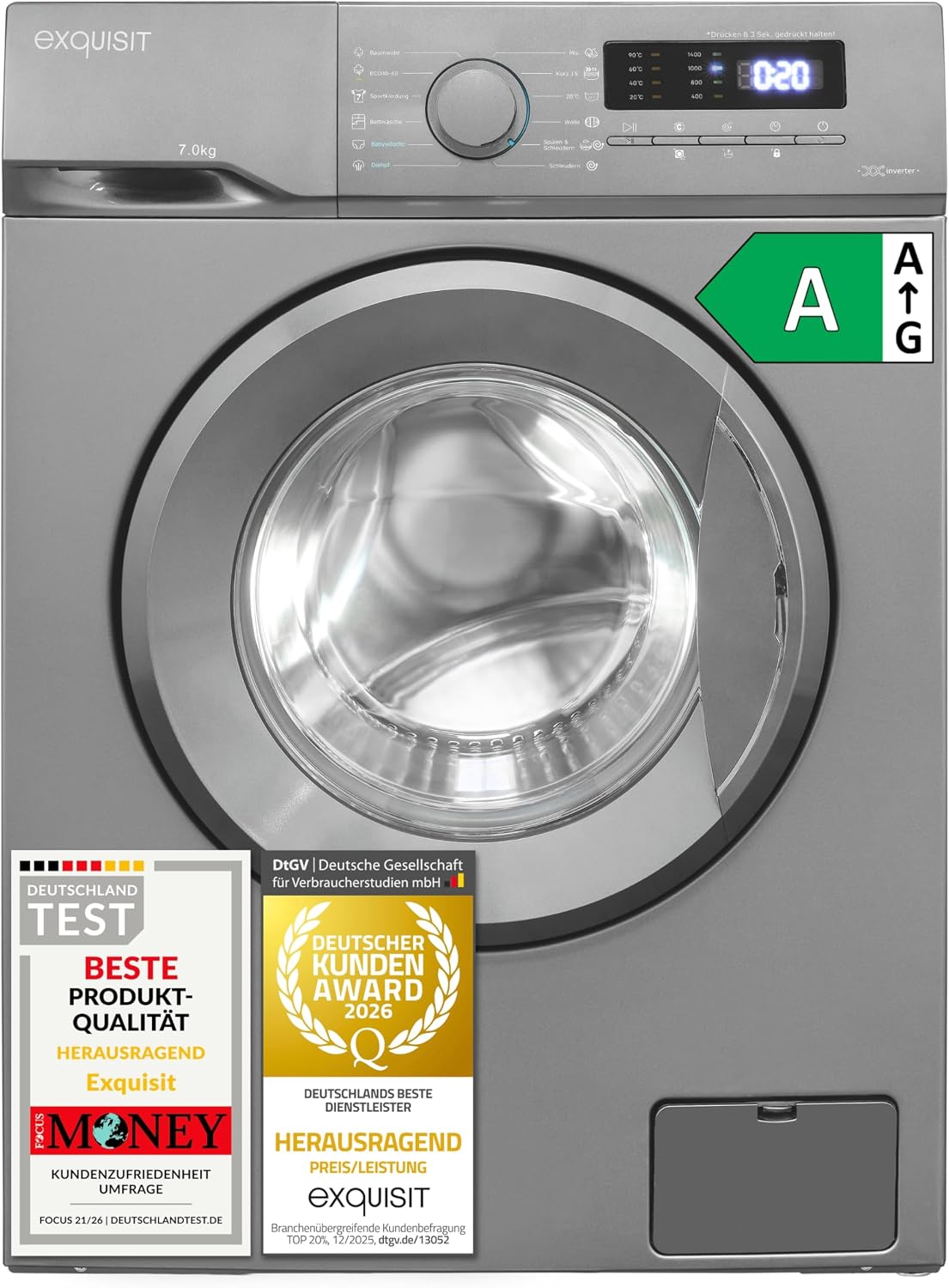 Exquisit Waschmaschine, 45 cm, 7 kg, Weiß, Schmal - - Inoxlook - 1400 U/Min - Klasse