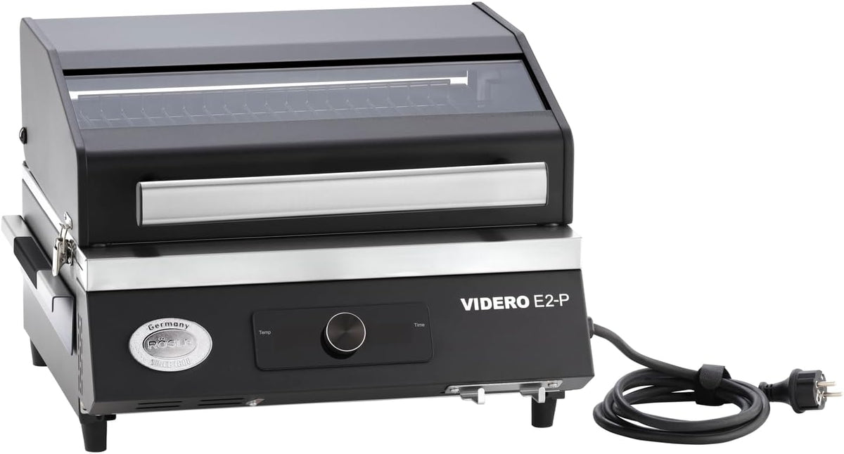 RÖSLE Elektrogrill, schwarz, BBQ-Portable Videro E2-P, tragbarer Tischgrill mit 2 Brennern, Warmhalterost und Deckel mit Glaseinsatz