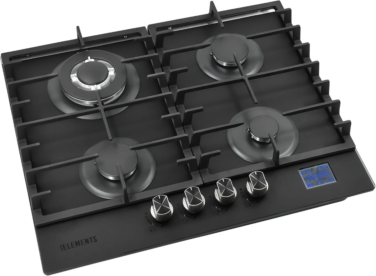 KB ELEMENTS Gasherd, Schwarz, Gaskochfeld 4 Flammig, Einbau-Gaskocher für Zuhause & Wohnmobil, DIGITALER GAS-STOP-TIMER