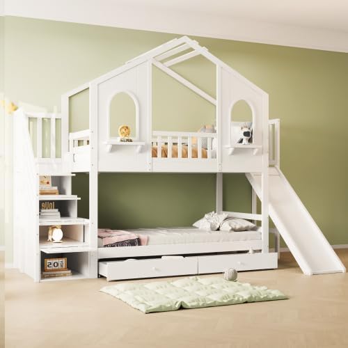 MYBOO Bett, Weiß, Kinder Etagen 90x200, Hoch Haus mit Rutsche&Aufbewahrungsleiter&2, Stock Doppel Holz mit Lattenrost&Rausfallschutz