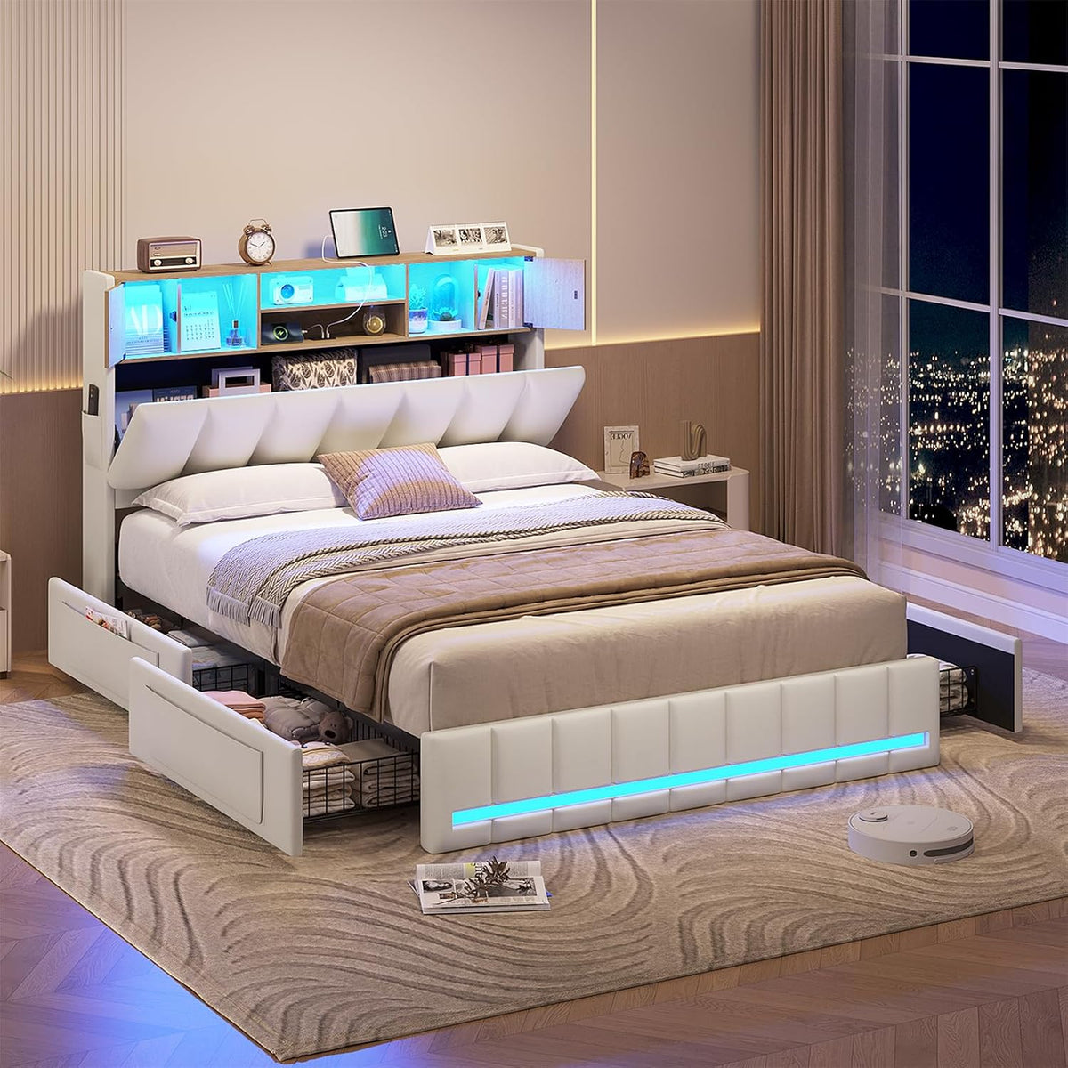 KIMENICH Bett, 140x200 cm, Natur, Doppel gestell, mit LED-Beleuchtung, Polster, 4 Schubladen, Ladestation, Metallrahmen & Holzkopfteil mit Stauraum