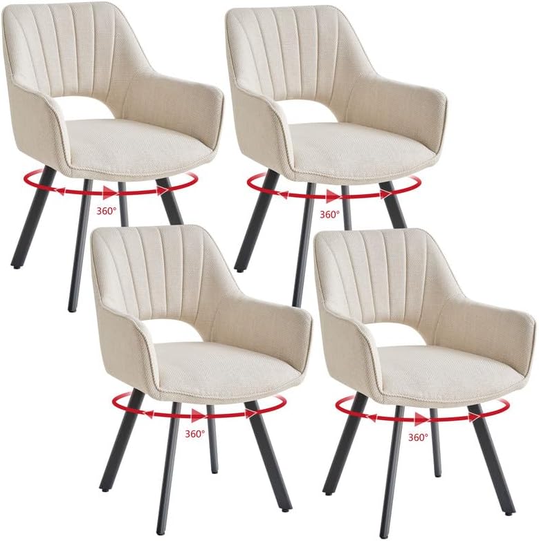 DEYARNA HOME Esszimmerstuhl, Beige, 360° Drehstuhl mit Armlehnen 4er Set, Gepolsterter Küchenstuhl mit Leinenbezug & Metallbeinen