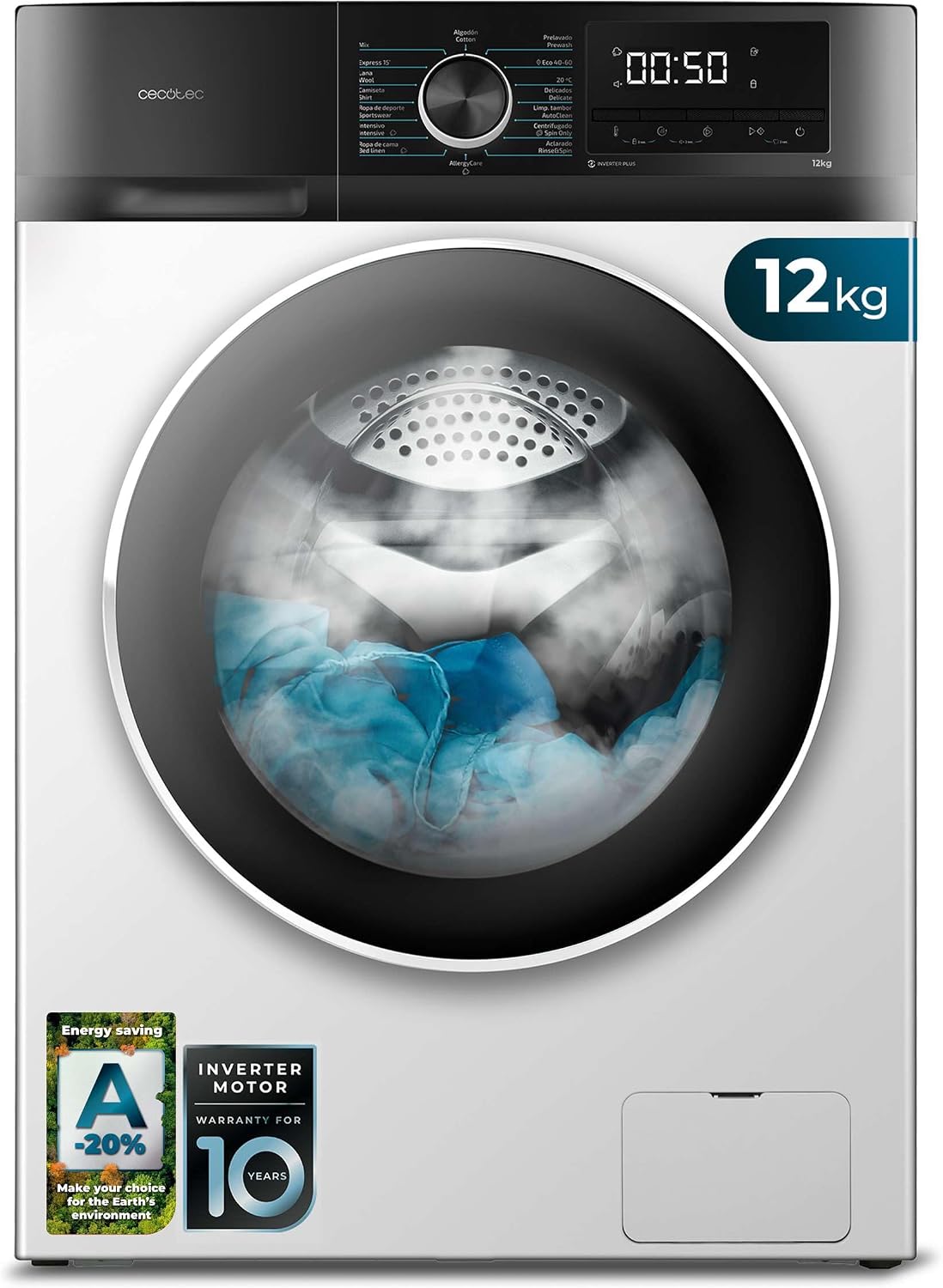 Cecotec Waschmaschine, 12 kg, Weiß, Bolero DressCode 12500 Inverter, Energieklasse A-20%, Inverter Plus Motor, 1400 rpm