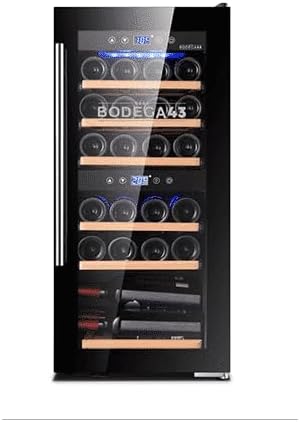 BODEGA43 Weinkühlschrank, 80 Liter, 43 dB, Schwarz, 24 - 2 Zonen, 5-20 ºC, 24 Flaschen, 6 Regaleinschübe, Vollglas-Designtür mit Touchpanel
