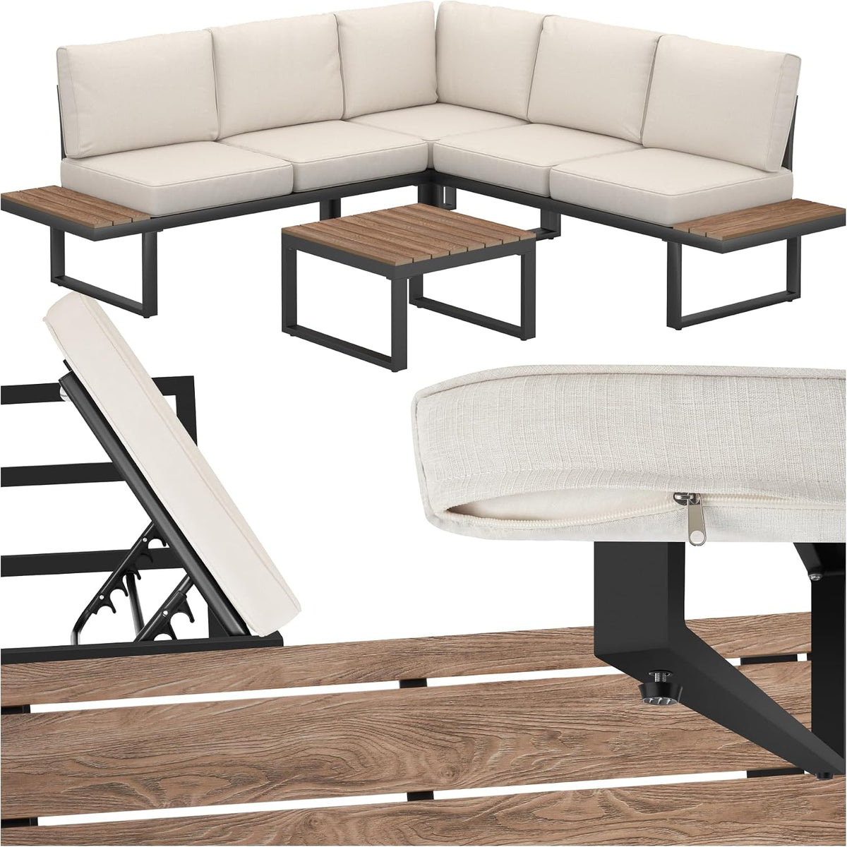 Gartenmöbel-Set tectake, Beige/Braun/Schwarz, Gartenlounge Set 4-teilig, wetterfest, Gartenmöbel mit Aluminium-Gestell und Polywood-Tisch