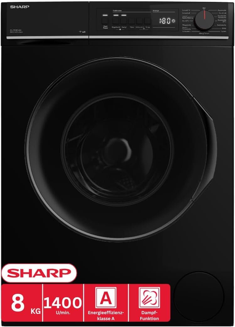 SHARP Waschmaschine, 8 kg, Schwarz, ES-PRO814BA-DE (, EEK A, 1400 U/min.), (WiFi, Inverter Motor, Dampf, AquaStop)