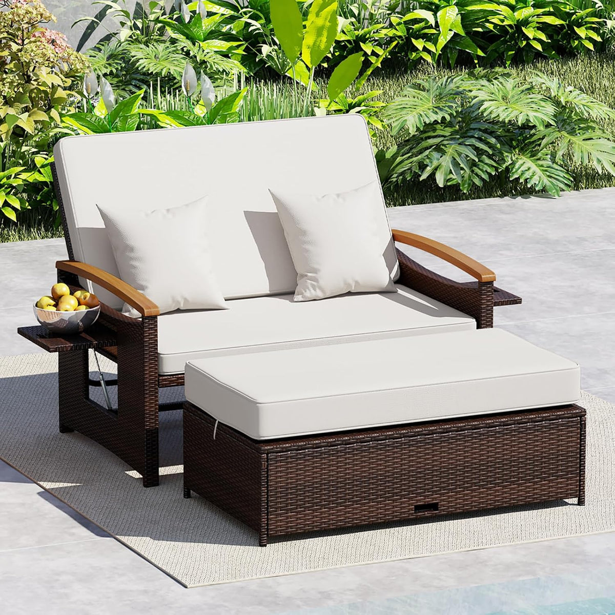 Sofa GIANTEX, Weiß/Braun, Lounge Möbel Outdoor, Rattan Gartenlounge Set mit Hocker, Garten mit Liegefunktion, Balkon Lounge Set