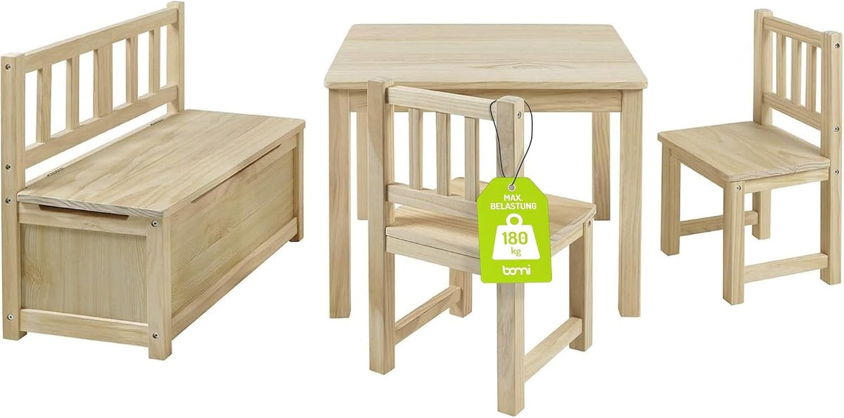 Bomi Kindersitz, Natur, gruppe Anna mit integrierter Spielzeugkiste, Kinderzimmer-Set inkl. Kindertisch mit 2 Stühlen &