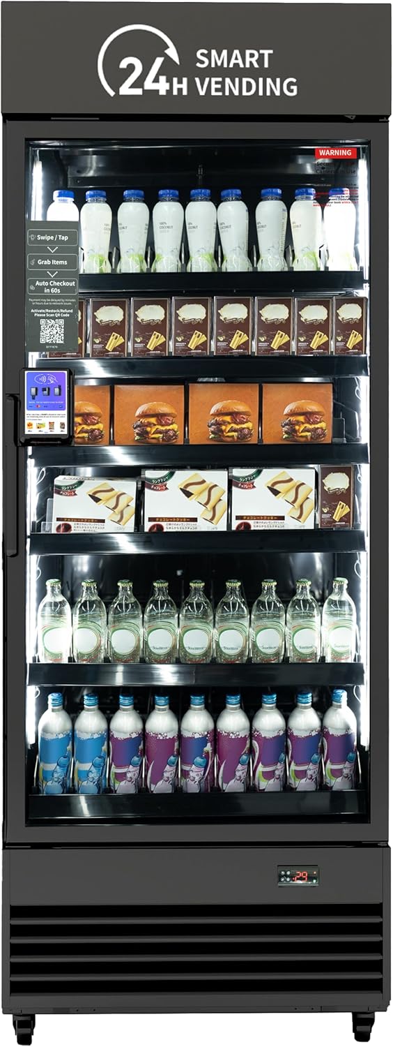 KI Kühlschrank, Weiß, Smart Retail mit Computer Vision, bargeldloser Bezahlung und App-Steuerung für Getränke, Snacks und Frischwaren