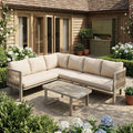 Sofa kozamas, Beige, Gartenmöbel Set & Lounge Set für 6 Personen, Eck mit Glastisch, Bank & Stühlen, Polyrattan Gartenmöbel Set aus verzinktem Stahl