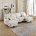 Sofa OPODEE, Beige, Wohnlandschaft U-Form Chenille Groß, Modernes Couchgarnitur mit Doppel-Liege & Goldenen, Design Polstermöbel für Wohnzimmer