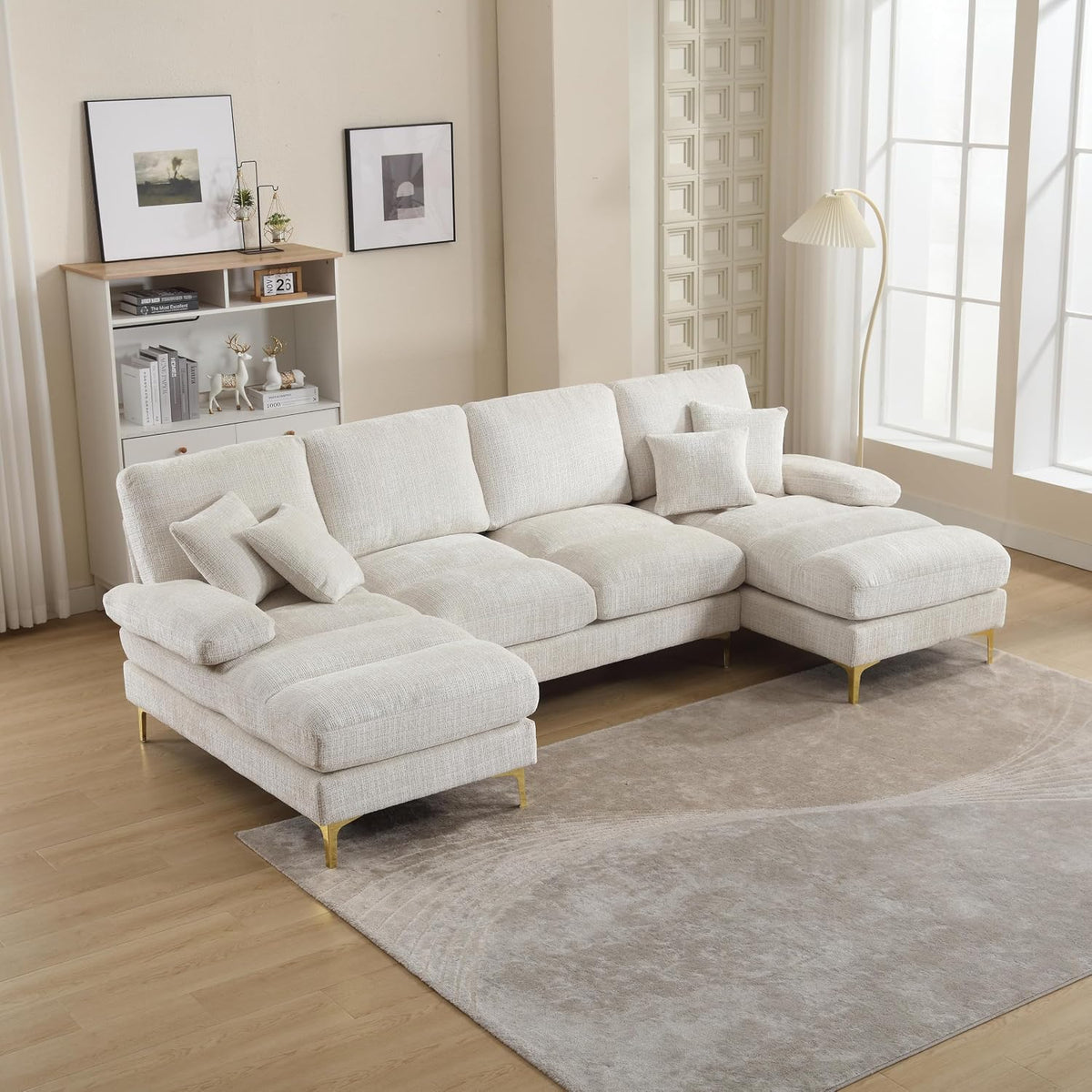 Sofa OPODEE, Beige, Wohnlandschaft U-Form Chenille Groß, Modernes Couchgarnitur mit Doppel-Liege & Goldenen, Design Polstermöbel für Wohnzimmer