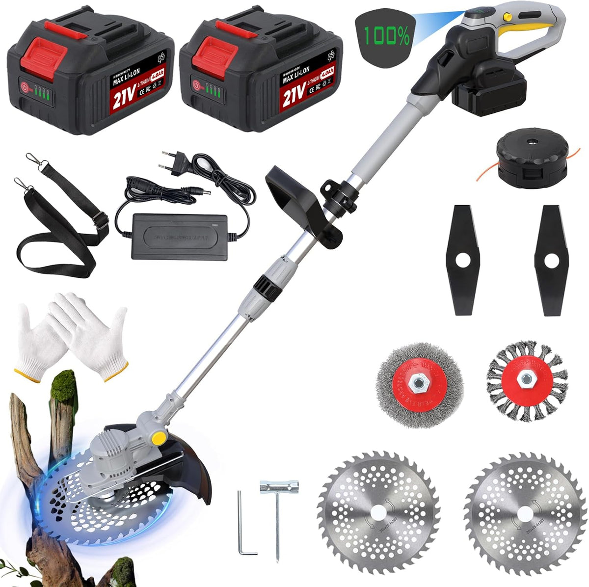 YUTVCZO Rasentrimmer, 4.0 Ah, 750 W, 21 V, grau, Akku für Makita Akkus, 5 in 1 mit Akku und Unkrautbürste, Freischneider Akku