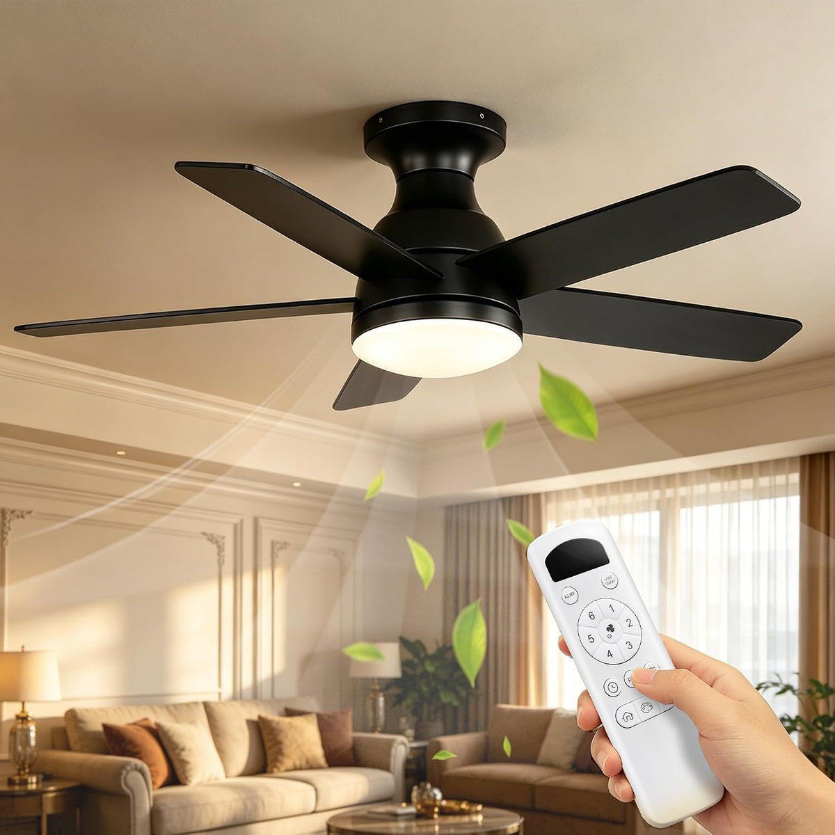 OZEANOS Deckenventilator, 44 Zoll, 112 cm, Schwarz, OZENAOS mit Beleuchtung , Leiser DC Motor Ventilator Deckenlampe mit Fernbedienung