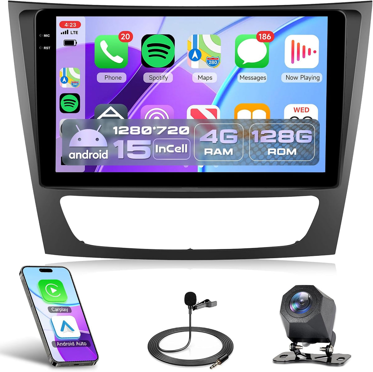 Rimoody Kamera, 9 Zoll, Weiß, 4G+128G Wireless Carplay Android Autoradio für Mercedes