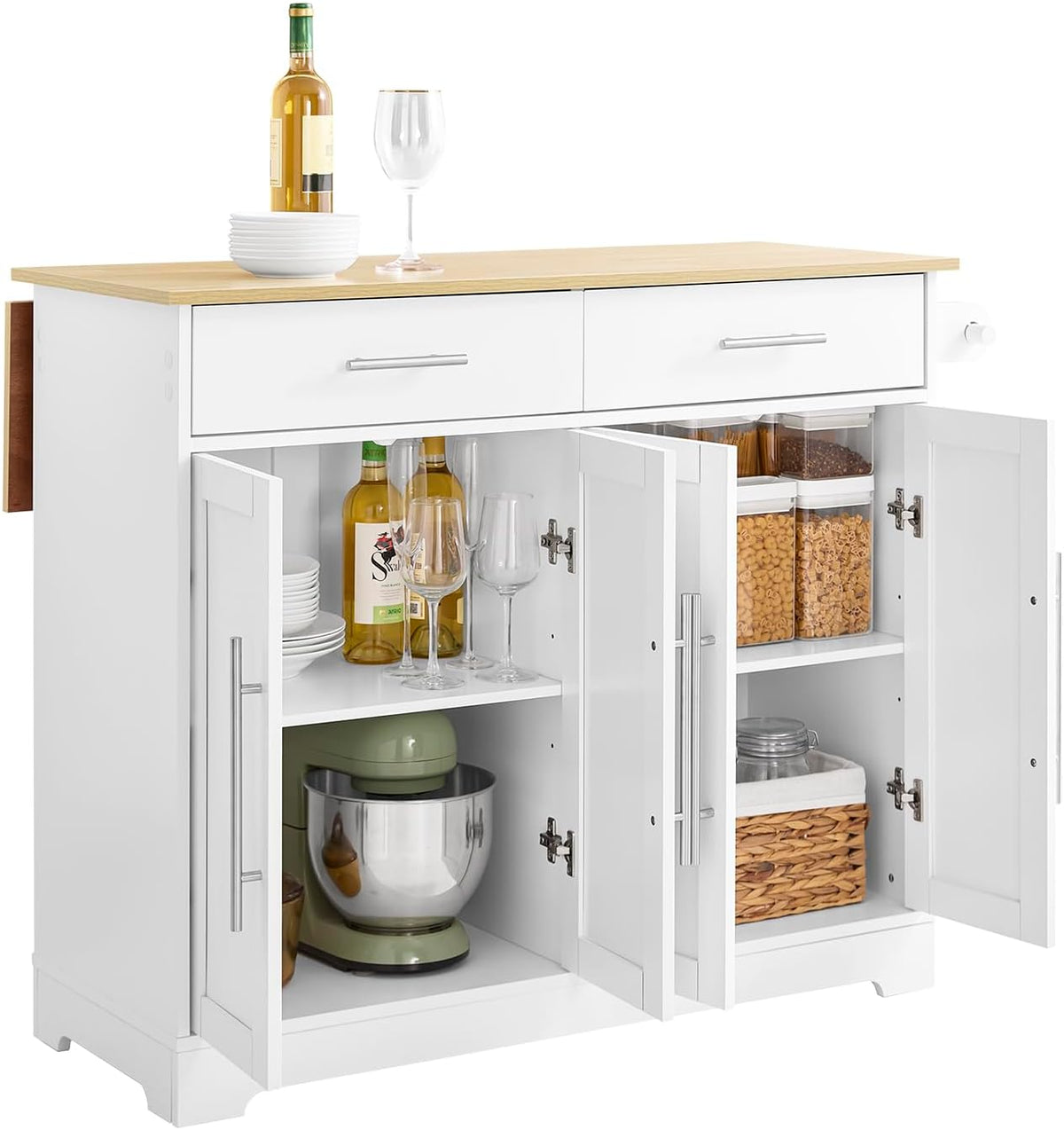 SoBuy Mikrowelle, Weiß/Holz, Kücheninsel mit Rollen, Servierwagen mit ausziehbarer Arbeitsplatte, platzsparende