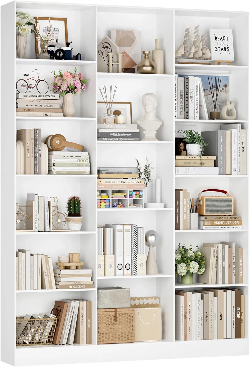 FirFurd Bücherregal, 149x23,5x188 cm, Weiß, Bücherschrank mit 17 Fächern