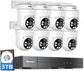 Hiseeu Monitor, Weiß/Schwarz, Audio, 8 x 5MP IP67 CCTV Cameras, 5MP DVR 8CH, 3TB HDD, 360°Coverage, Person/Vehicle Detection