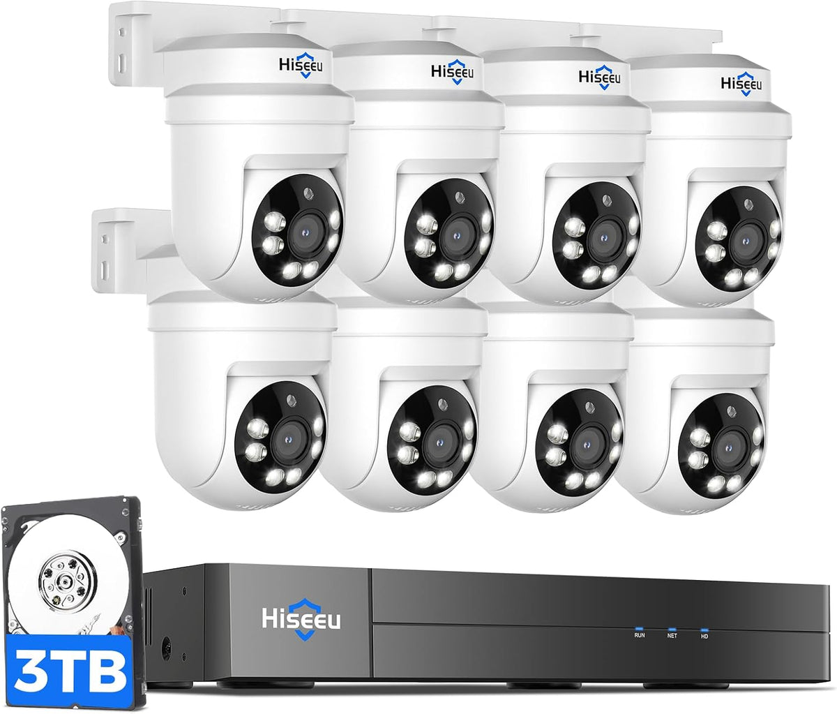 Hiseeu Monitor, Weiß/Schwarz, Audio, 8 x 5MP IP67 CCTV Cameras, 5MP DVR 8CH, 3TB HDD, 360°Coverage, Person/Vehicle Detection